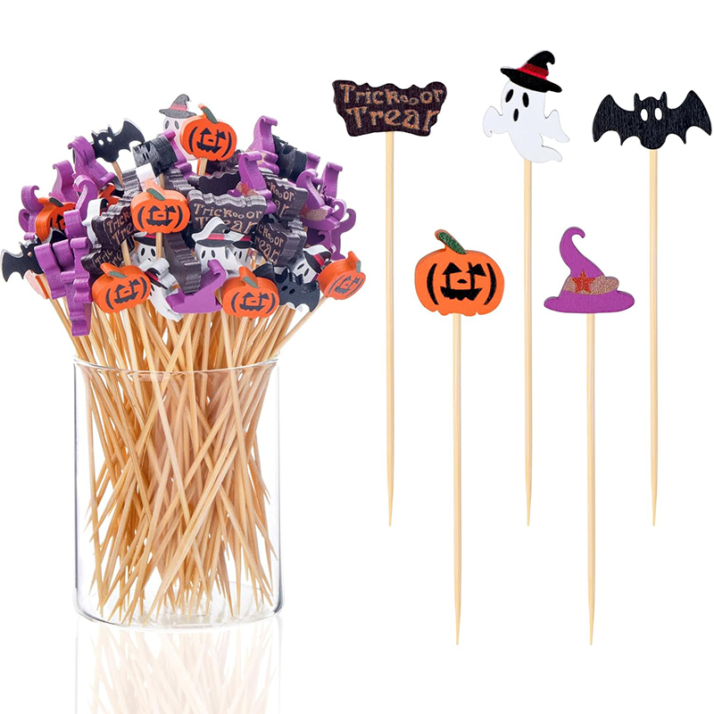 Centerpiece Stick - 50/100Pcs ปาร์ตี้ฮาโลวีนไม้จิ้มฟันทิ้งไม้ไผ่ Skewers ฟักทอง Ghost ผลไม้ส้อมเค้กขนมเค้กค็อกเทล
