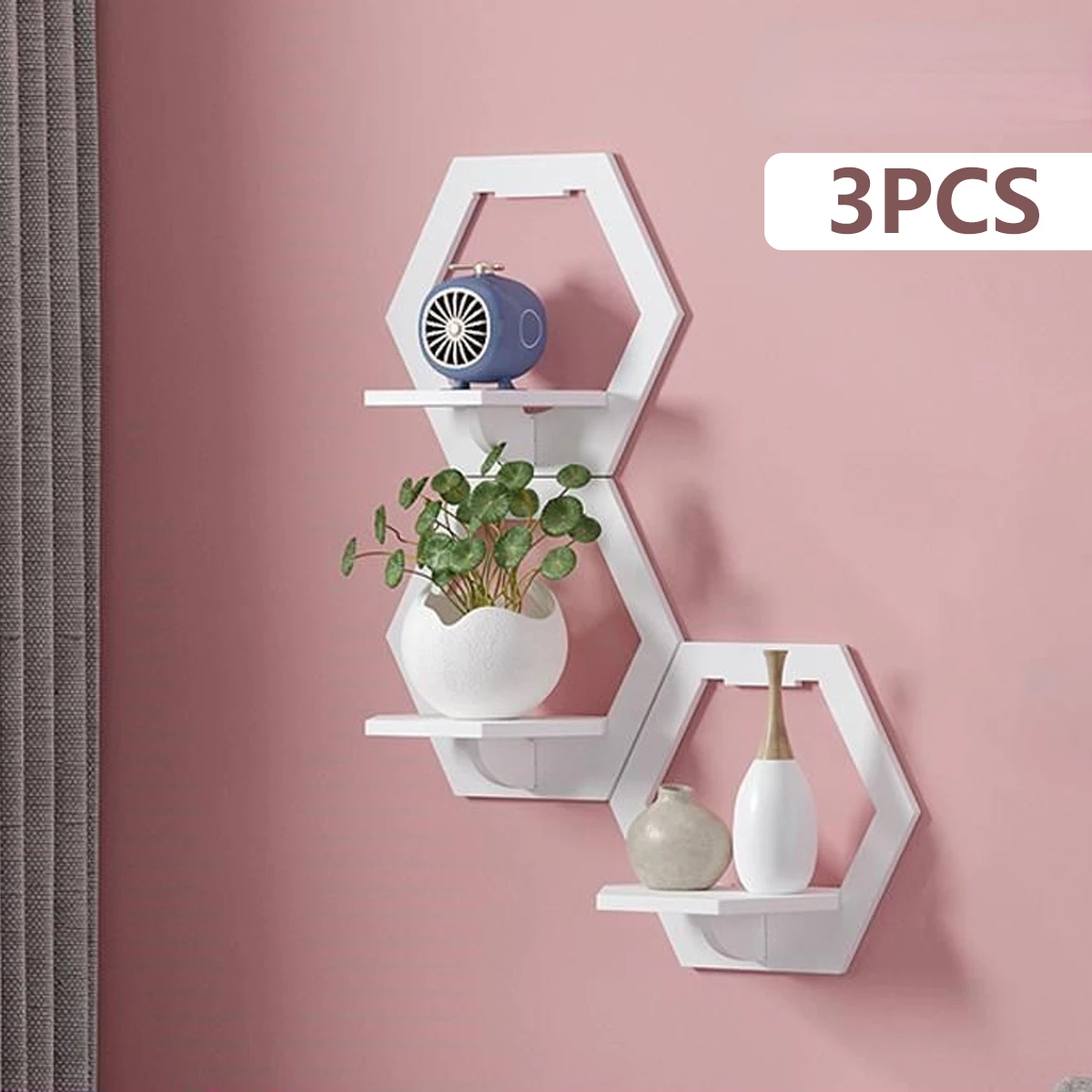 Flower Wall Panel - 3 ชิ้นหกเหลี่ยมชั้นวาง Punch ฟรีข้างเตียงขาตั้งจอแสดงผลติดผนังผู้ถือหม้อดอกไม้พื้นหลังทีวีตกแต่งบ้าน
