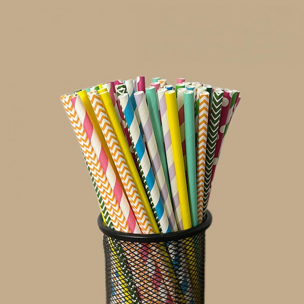 Paper Straw Color - 100 ชิ้น หลอดดูดน้ำพิมพ์ลายสีสันสดใส หลอดกระดาษย่อยสลายได้ หลอดดูดน้ำปลอดภัยสำหรับอาหาร อุปกรณ์จัดงานปาร์ตี้