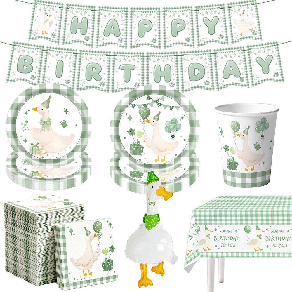Table Cloth Disposable - ชุดภาชนะกระดาษแบบใช้แล้วทิ้งลายห่านสีเขียว จาน ถ้วย กระดาษเช็ดปาก ป้าย แบนเนอร์
