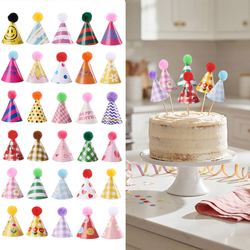 Party Hat Cone - หมวกปาร์ตี้ขนาดเล็ก 15/30 ชิ้น ของตกแต่งหน้าเค้ก ปอมปอมหลากสี ของตกแต่งคัพเค้ก