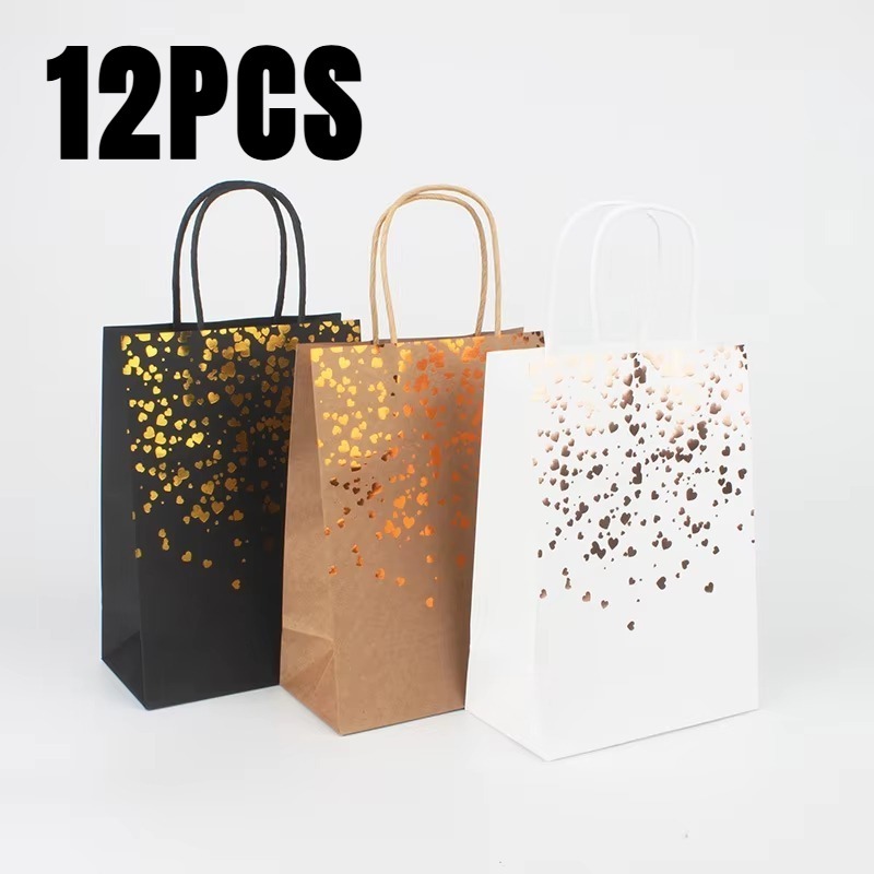 Event Party Shop - 12PCS สีดําสีน้ําตาลสีขาว Bronzing ถุงกระดาษคราฟท์มือถือของขวัญ Bronzing ถุงกระดาษวันเกิดงานแต่งงานช้อปปิ้ง
