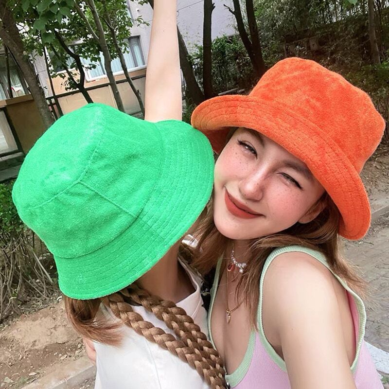 Cotton Candy Cone - ผ้าขนหนูเทอร์รี่แบบเรียบง่าย Topi Bucket ฤดูใบไม้ผลิฤดูใบไม้ร่วงหมวกแฟชั่นสีล้วนทรงแพนามากันแดดใส่ได้ทั้งชายและหญิง