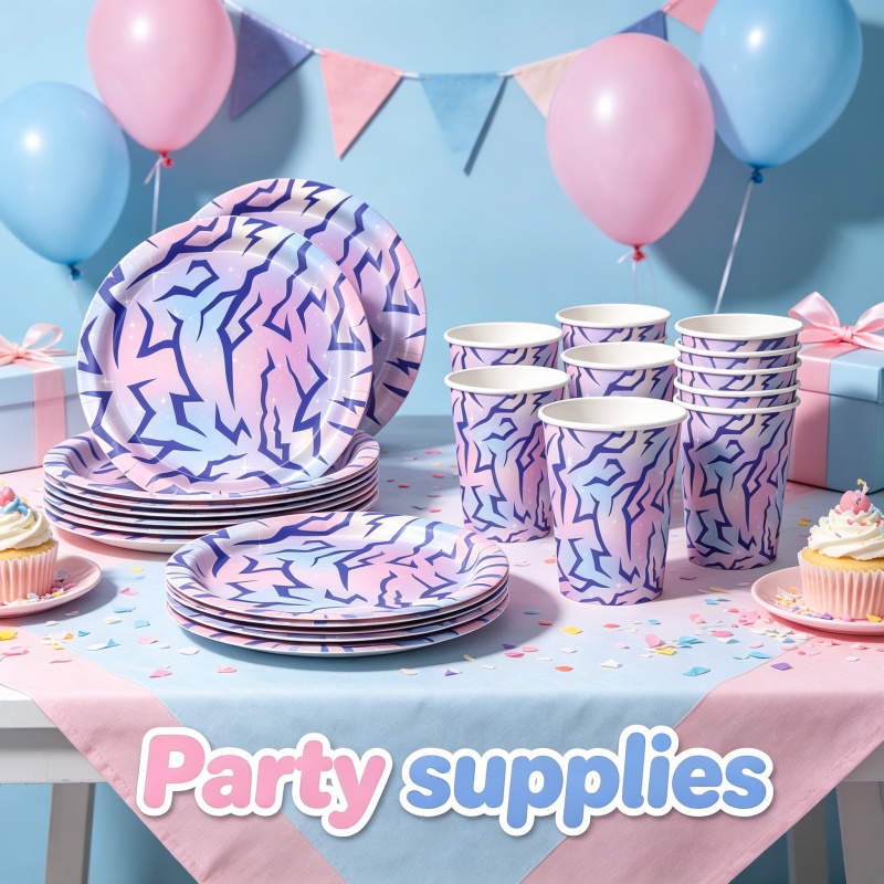 Table Cloth Disposable - ชุดตกแต่งฉากงานวันเกิดธีมอนิเมะสุดฮิต เคป๊อป สีชมพูและสีม่วง ผ้าปูโต๊ะแบบใช้แล้วทิ้ง ถ้วยกระดาษ จานกระดาษ