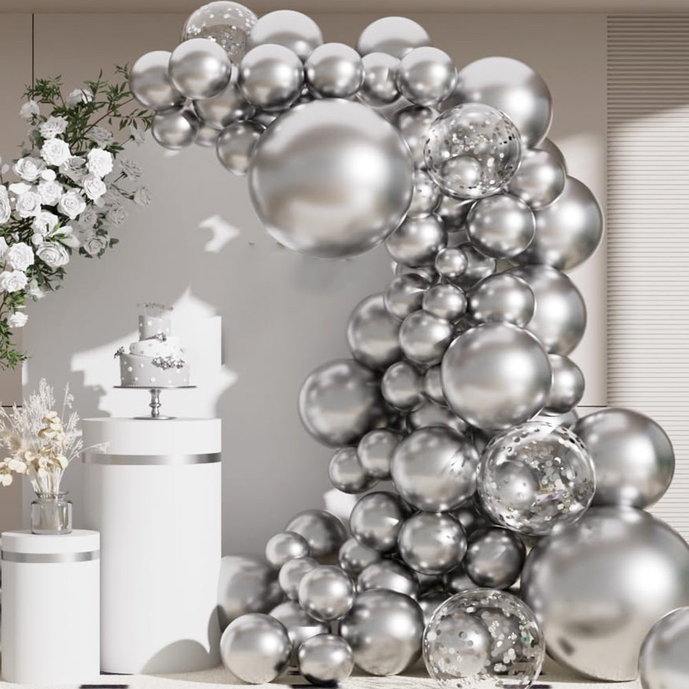 Balloon Arch Kit - ชุดตกแต่งงานปาร์ตี้วันเกิด งานแต่งงาน งานรับปริญญา ประกอบด้วยลูกโป่งสีเงินเมทัลลิก 68 ชิ้น