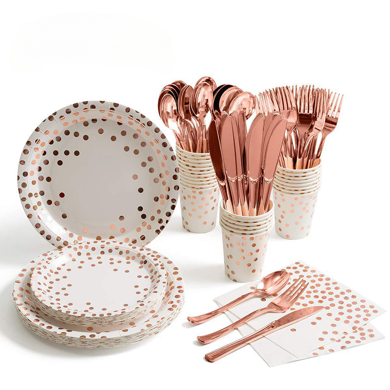 Paper Straw Color - Rose Gold Party ชุดตารางผ้ามีดช้อนส้อมกระดาษถ้วยหลอด Baby Shower