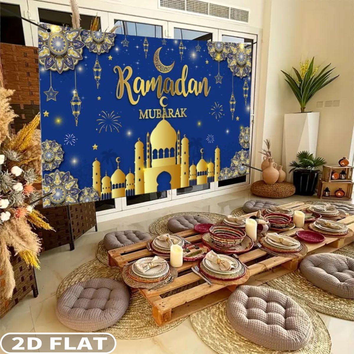 Party Banner Gold - ฉากหลังงานรอมฎอนมูบาร็อคแบบแบน 2 มิติ 1 ชิ้น, แบนเนอร์โพลีเอสเตอร์สีน้ำเงินทองสำหรับชาวมุสลิม