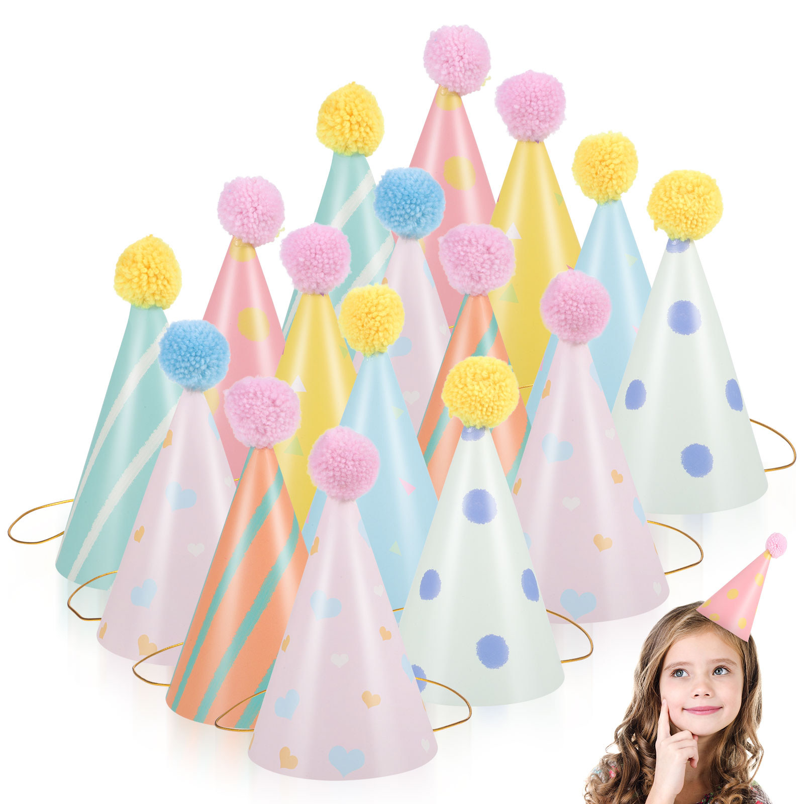 Party Hat Cone - หมวกวันเกิดกระดาษ 14 ชิ้นสำหรับเด็ก หมวกปาร์ตี้รูปทรงกรวยพร้อมปอมปอม ชุดหมวกวันเกิดสำหรับเด็กวัยหัดเดิน สนุกสนาน