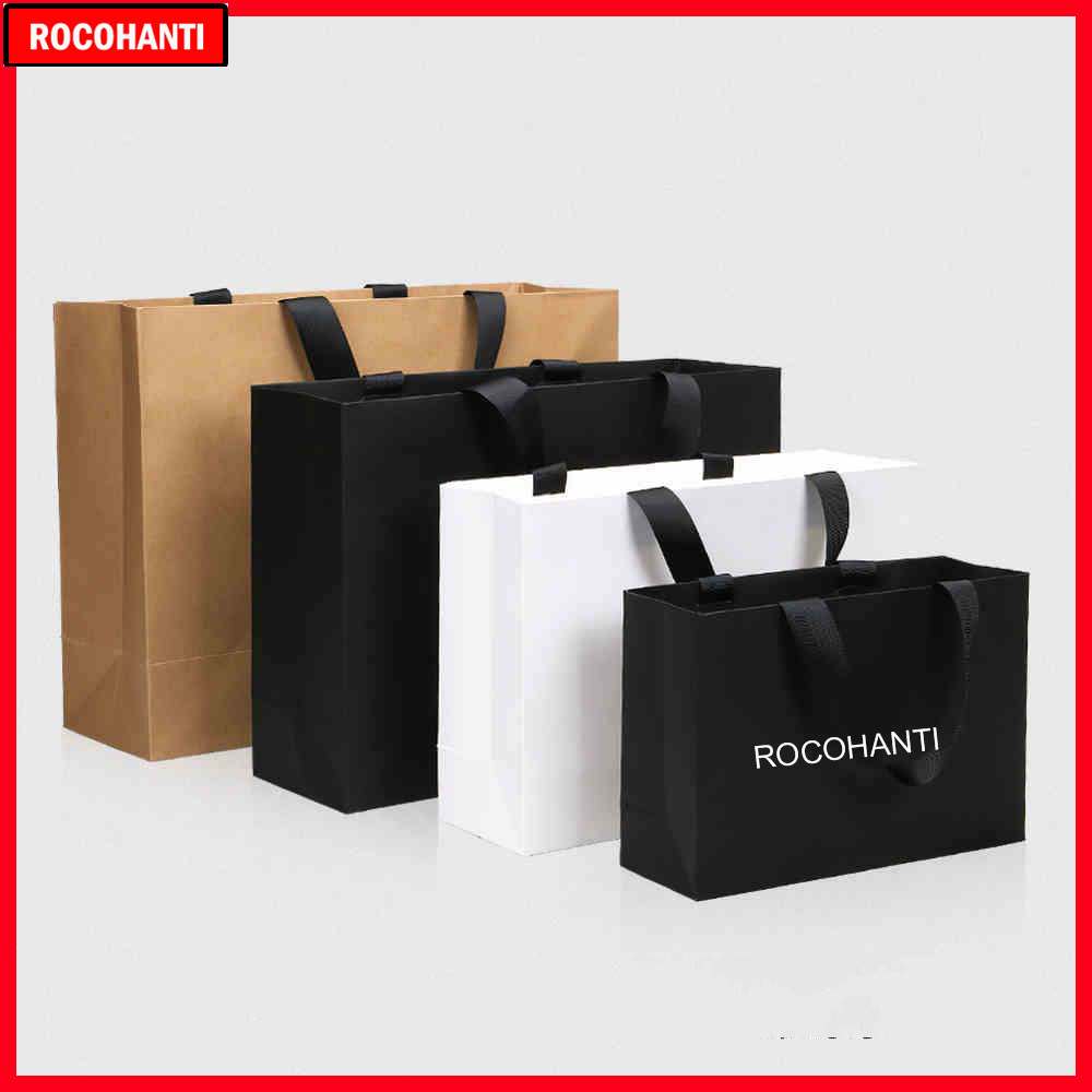 Event Party Shop - 50 ชิ้นโลโก้ที่กําหนดเองกระดาษช้อปปิ้งกระเป๋าริบบิ้นสําหรับเสื้อผ้าของขวัญบรรจุภัณฑ์ Sacola De Papel