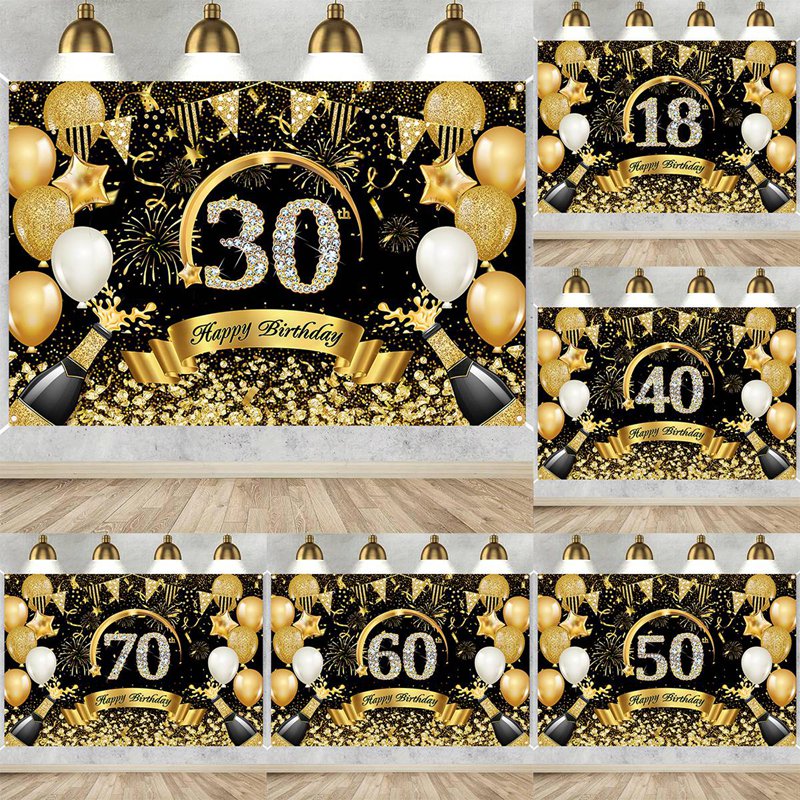 Party Banner Gold - Happy 30th 40th 50th แบนเนอร์วันเกิดสีดําทองตกแต่งผู้ใหญ่ 30