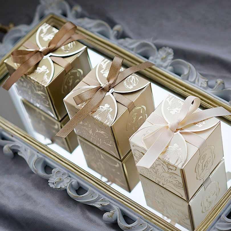 Event Party Box - กล่องของขวัญกระดาษสี่เหลี่ยมพร้อมริบบิ้นกล่องของชำร่วยงานแต่งงานเจ้าสาวฝักบัวทารกงานเลี้ยงวันเกิดแชมเปญสีเงินพรีเมี่ยม