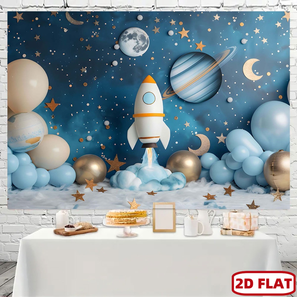 Event Launch Party - แบนเนอร์ปาร์ตี้ธีมอวกาศแบบแบน 2 มิติ 1 ชิ้น -
