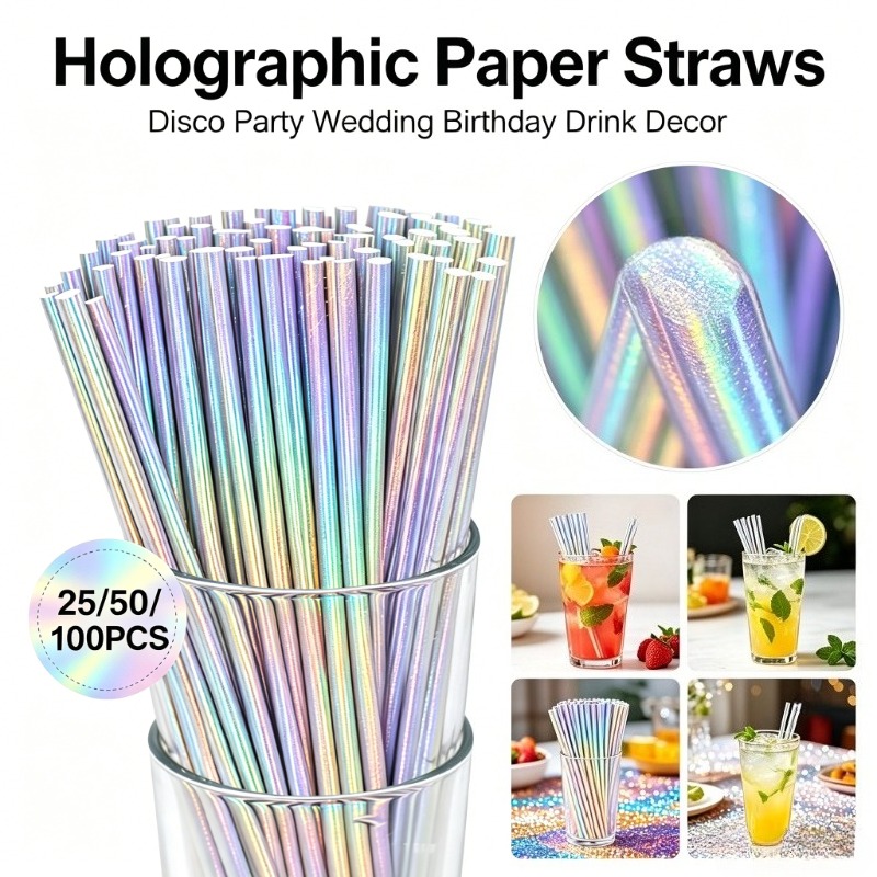Paper Straw Color - 25/50/100PCS หลอดกระดาษเลเซอร์สีเงินหลอดดูดน้ำแบบใช้แล้วทิ้งค็อกเทลน้ำผลไม้ตกแต่งงานแต่งงานวันเกิดดิสโก้ปาร์ตี้อุปกรณ์