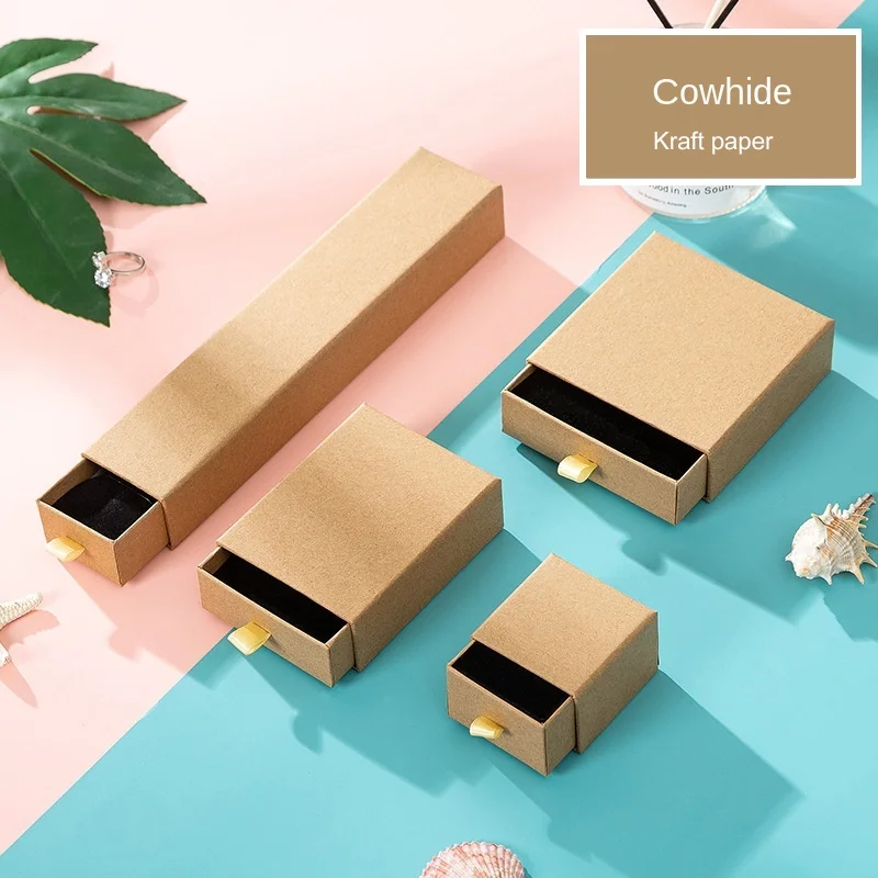 Event Party Box - 1Pc เครื่องประดับกล่องสีกากีกระดาษแข็งชุดเครื่องประดับกล่องหมั้นแหวนสร้อยคอรูปสี่เหลี่ยมผืนผ้ากระดาษคราฟท์เต็มไปด้วยผ้าฝ้ายกระดาษแข็งกระดาษ