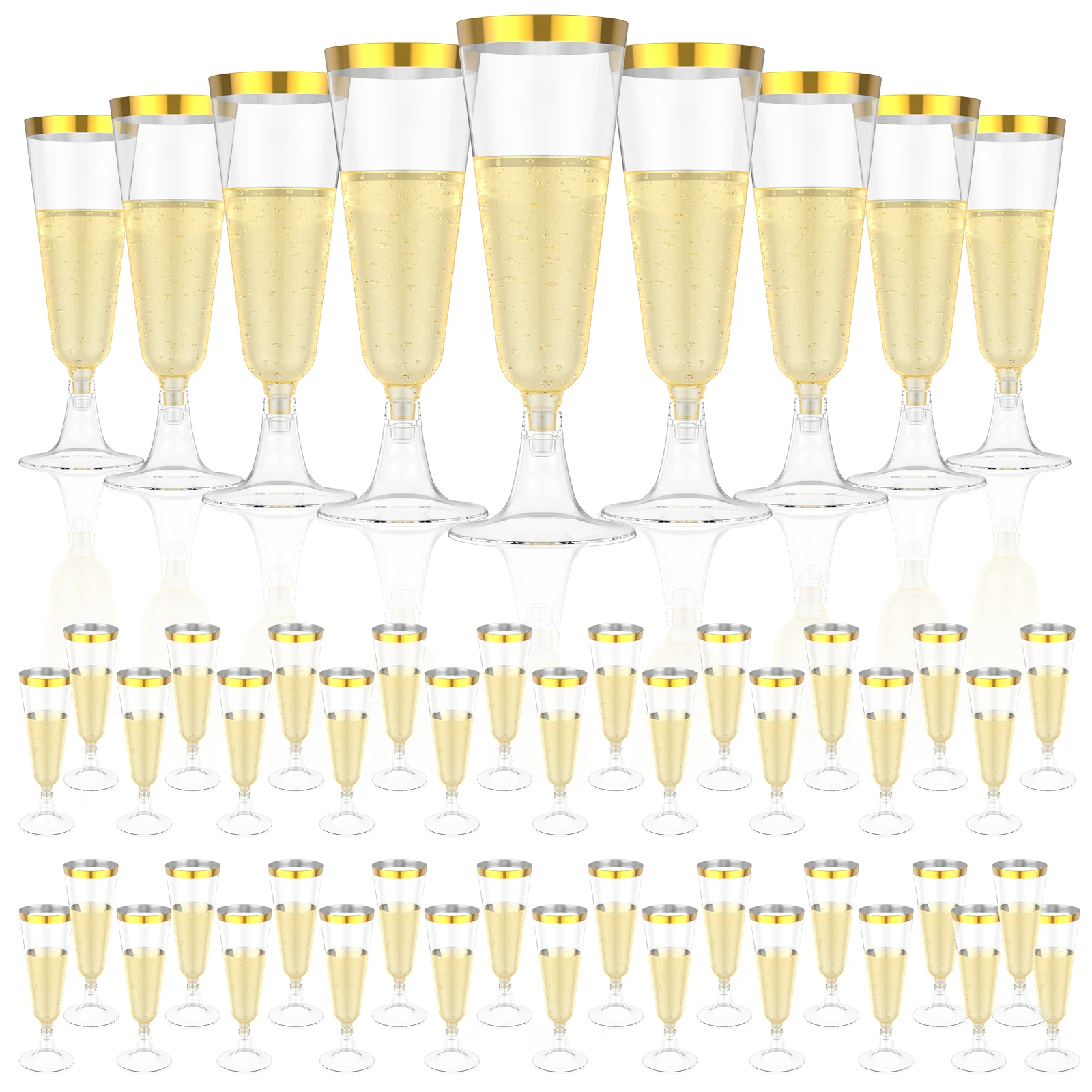Plastic Cup 50Pcs - 50 ชิ้น แก้วแชมเปญพลาสติก ขอบสีทอง แก้วแชมเปญทรงสูง จับง่าย