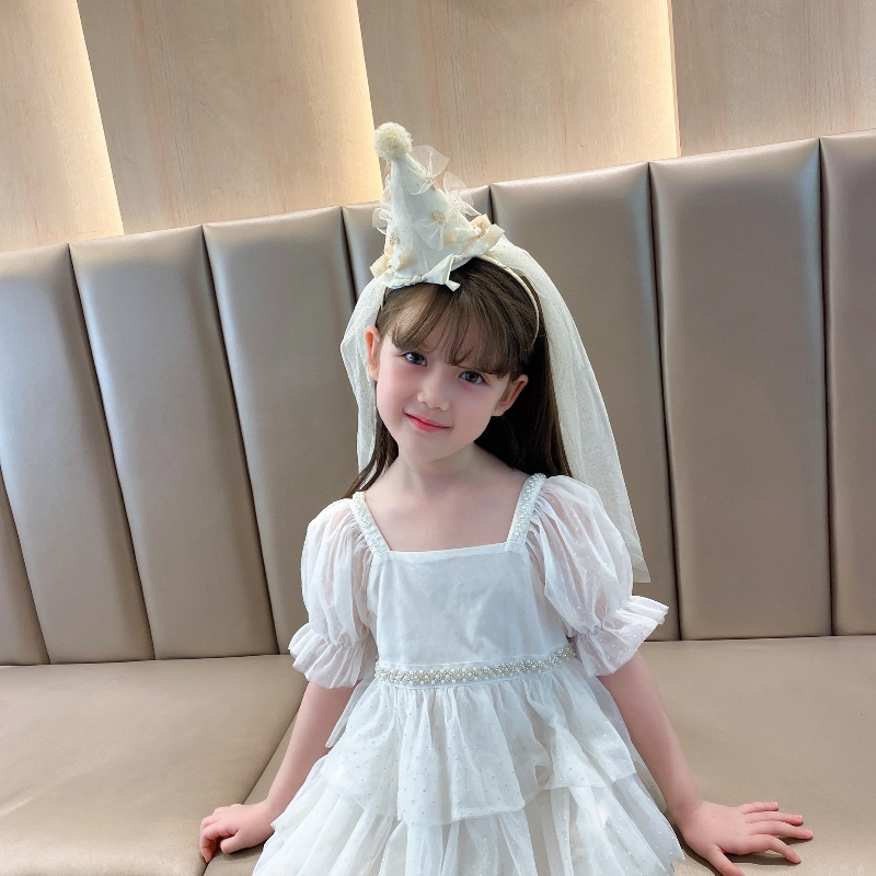 Party Hat Cone - ที่คาดผมงานวันเกิดเด็ก ผ้าทูลล์ประกายวิบวับ หมวกทรงกรวย ที่คาดผมพร้อมโบว์มุก เครื่องประดับผมเจ้าหญิง ของตกแต่งถ่ายรูป