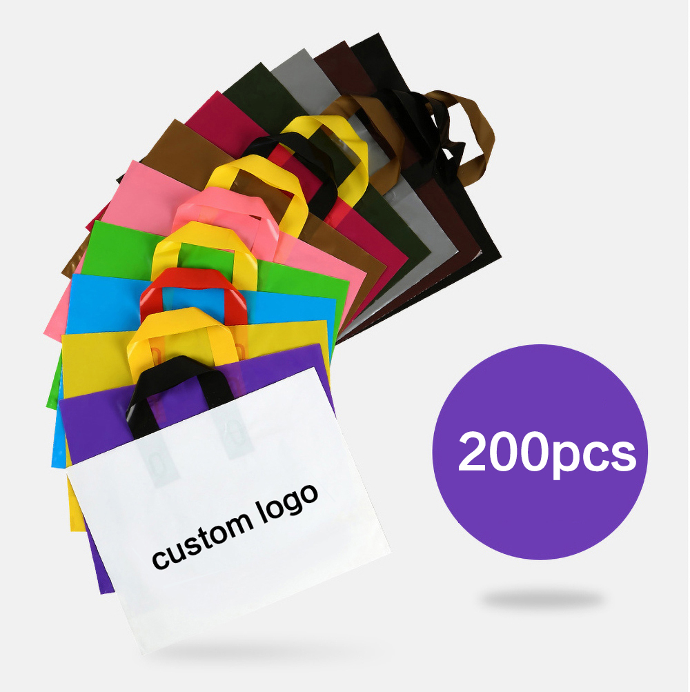 Event Party Shop - 200Pcs โลโก้ที่กำหนดเองถุงช้อปปิ้งพลาสติกกระเป๋าของขวัญกระเป๋าเสื้อผ้ากระเป๋าส่วนบุคคลโลโก้สองด้านพิมพ์ฤดูร้อนข้อเสนอ